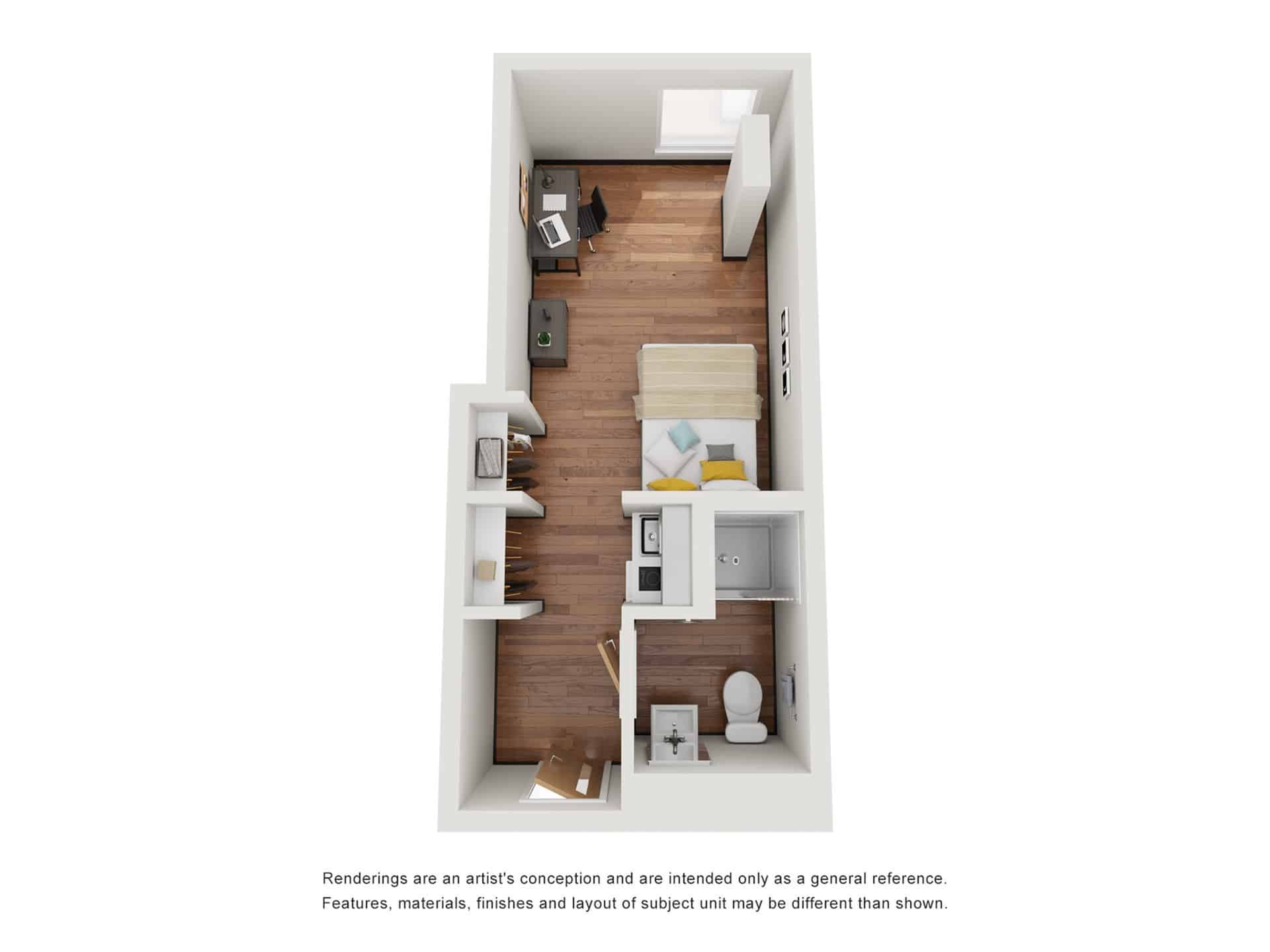 A 3D image of the A2 P-Studio floorplan, a 210 squarefoot, 1 bed / 1 bath unit