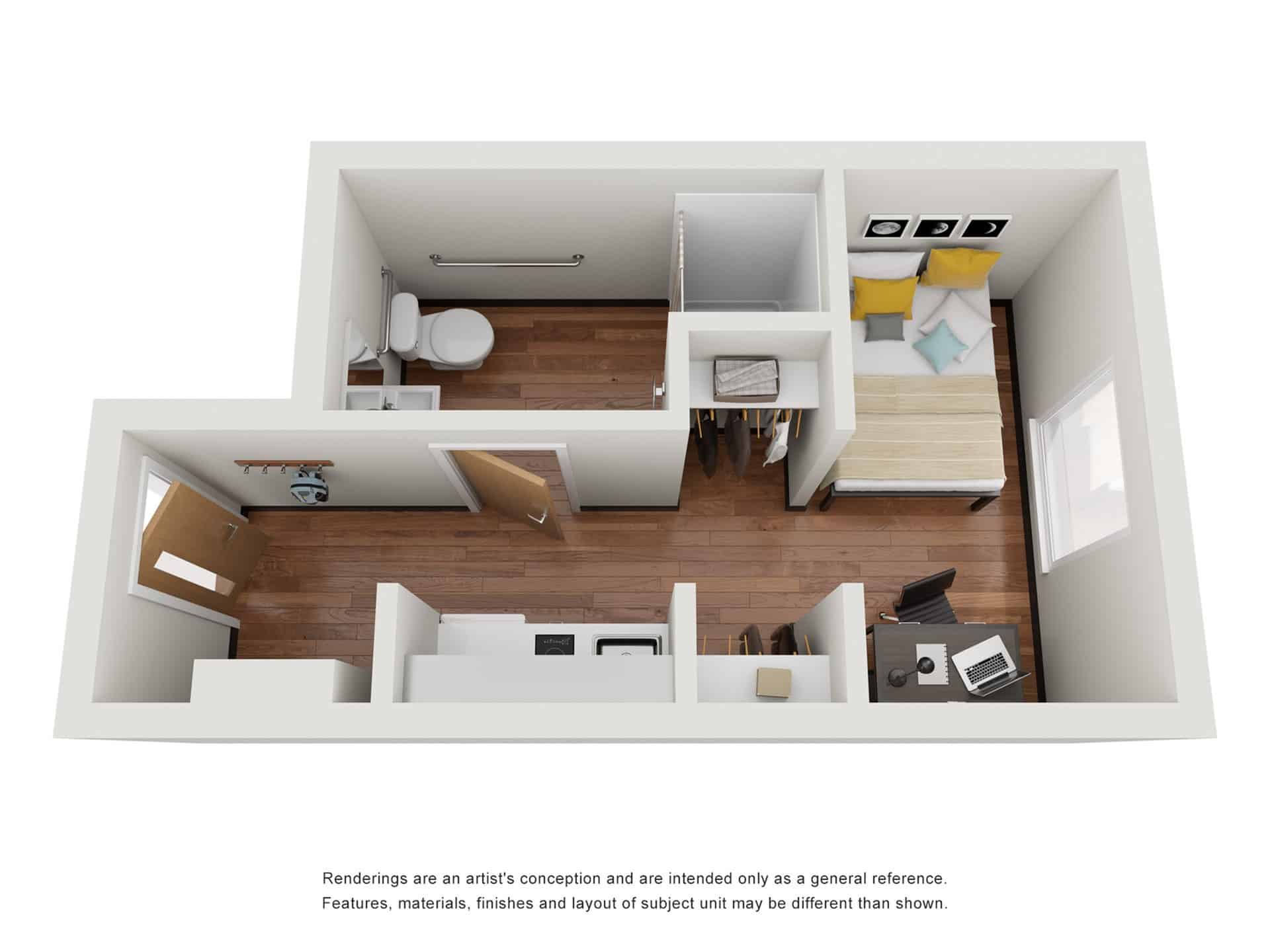 A 3D image of the A3 E-Studio floorplan, a 210 squarefoot, 1 bed / 1 bath unit
