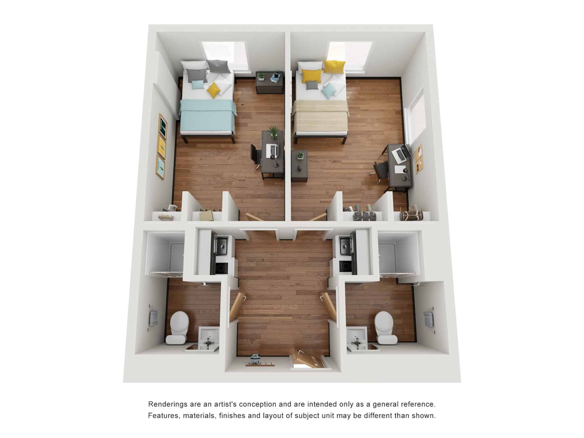 A 3D image of the B2 K2 Suite floorplan, a 720 squarefoot, 2 bed / 2 bath unit