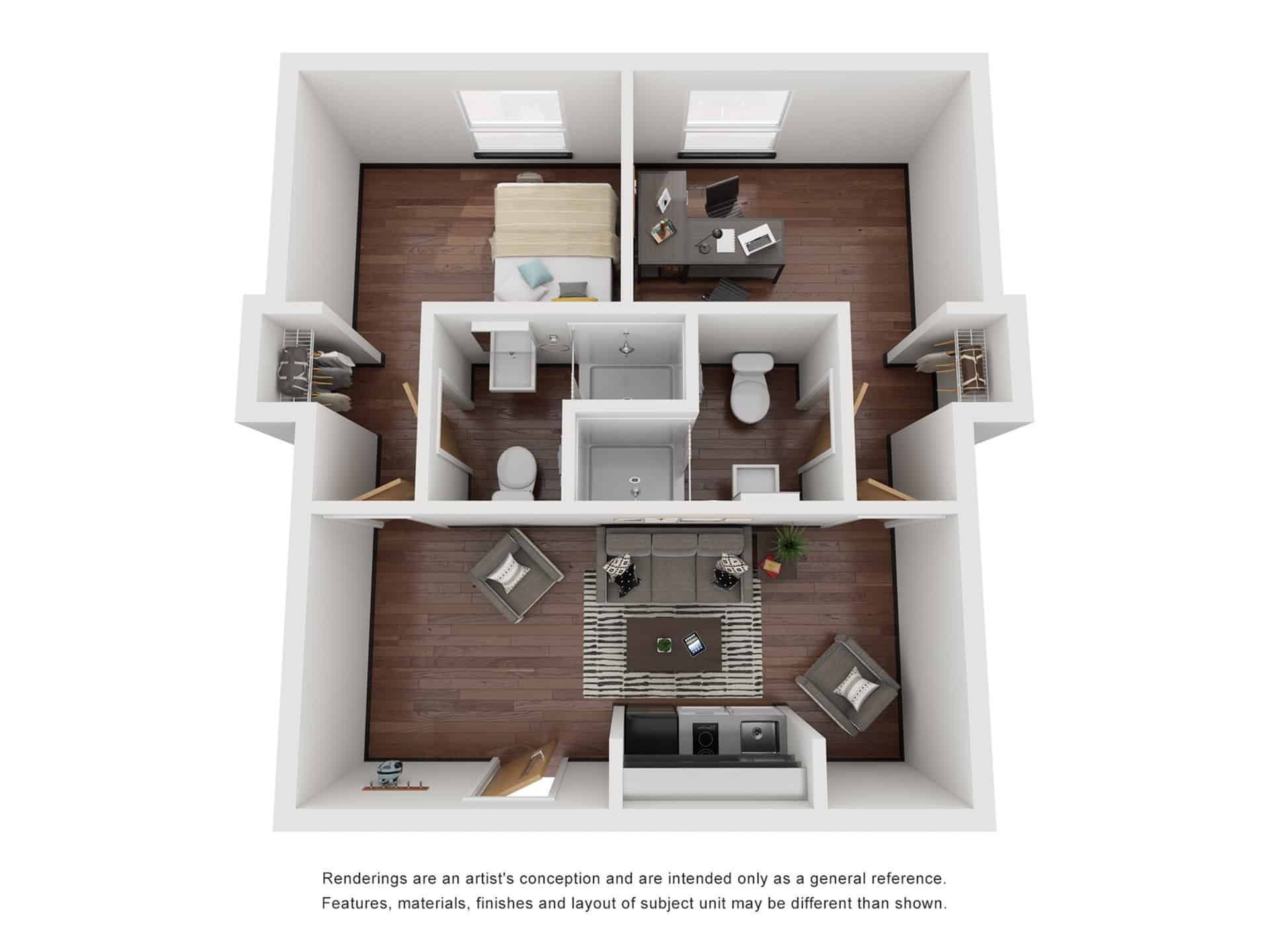 A 3D image of the B3 Office floorplan, a 720 squarefoot, 2 bed / 2 bath unit
