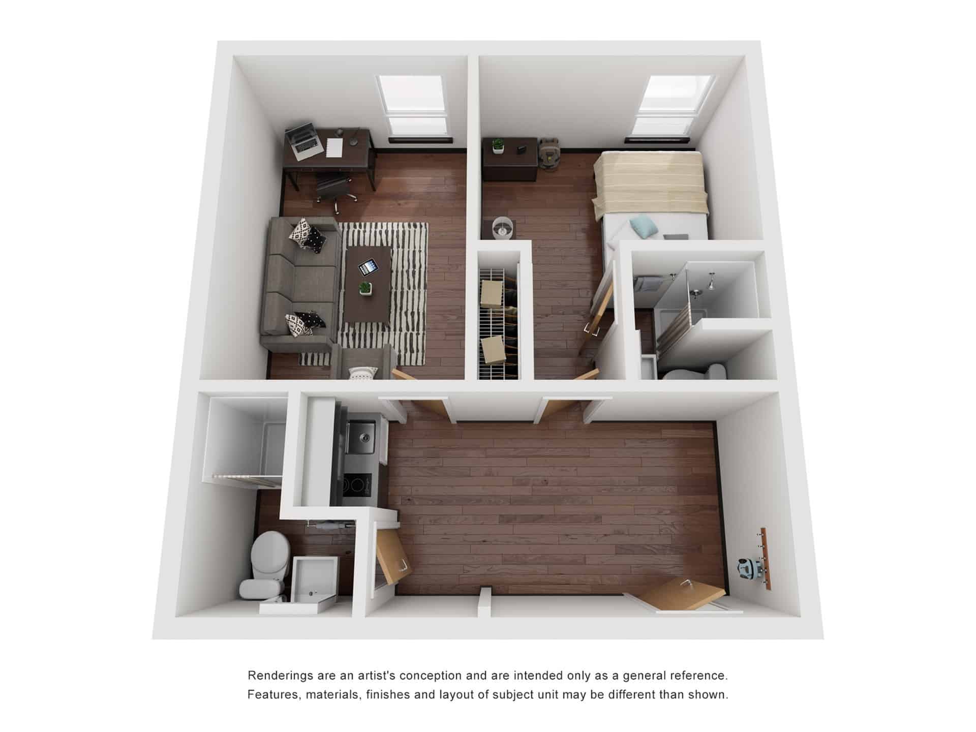 A 3D image of the B4 Den floorplan, a 720 squarefoot, 2 bed / 2 bath unit