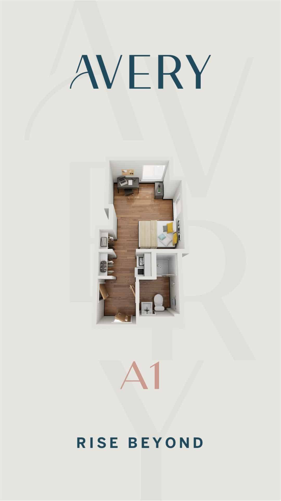A 3D image of the A1 Studio floorplan, a 210 squarefoot, 1 bed / 1 bath unit