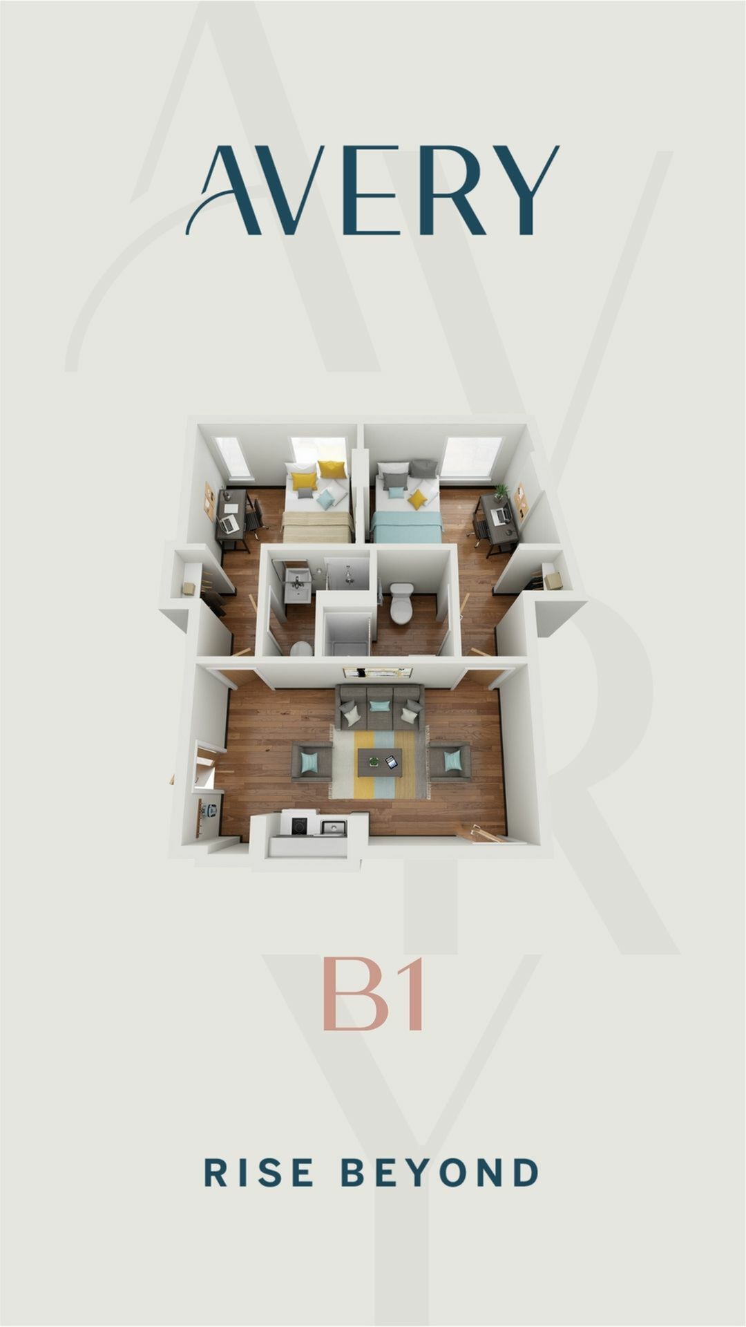 A 3D image of the B1 2Bed Suite floorplan, a 720 squarefoot, 2 bed / 2 bath unit