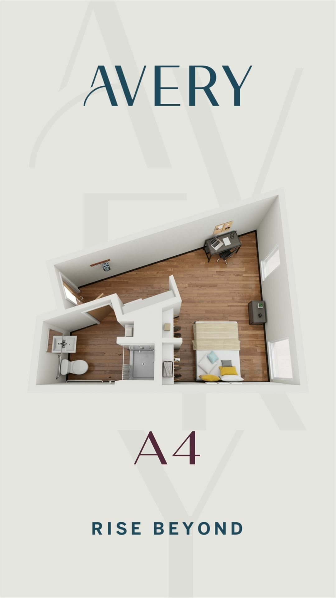 A 3D image of the A4 Deluxe floorplan, a 255 squarefoot, 1 bed / 1 bath unit